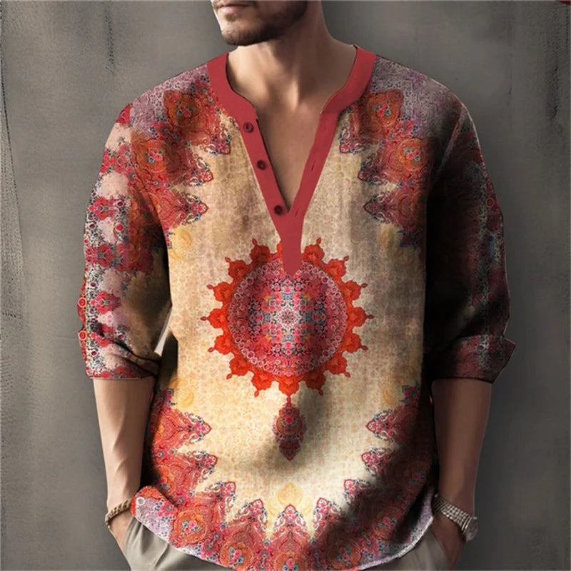 Men's Long-Sleeved Shirt with Retro Print, Stylish Design, Outdoor Casual Henley Collar, Loose Fit, Men's Vacation Top, XS-6XL.