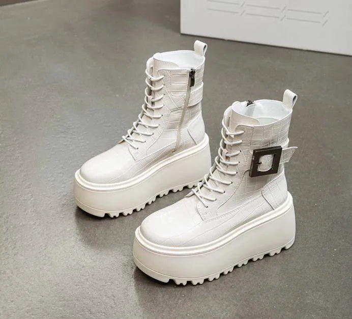 Fujin 8cm New Women Combat Boots Ankle Booties Platform Sneakers Spring Autumn Warm Fur Winter Genuine Leather Women Shoes Boot
