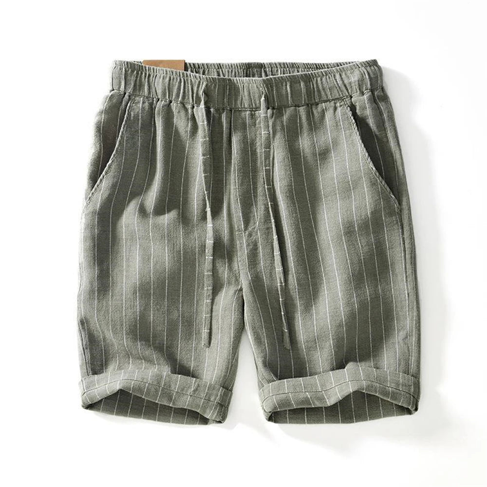 Summer cotton linen men's beach shorts loose fit breathable ramie striped straight daily causal pants for men