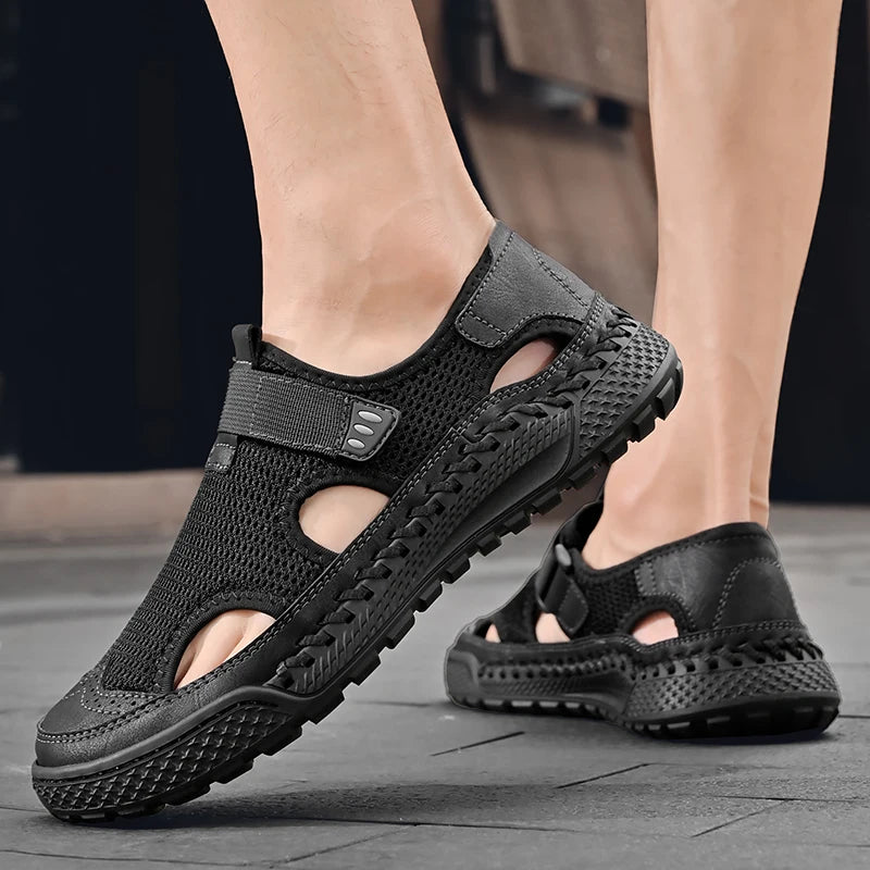 Brand Mesh Leather Men Summer Loafers Breathable Driving Shoes Moccasins Hollow Out Male Cool Lazy Shoe Leisure Walk Men Sandals