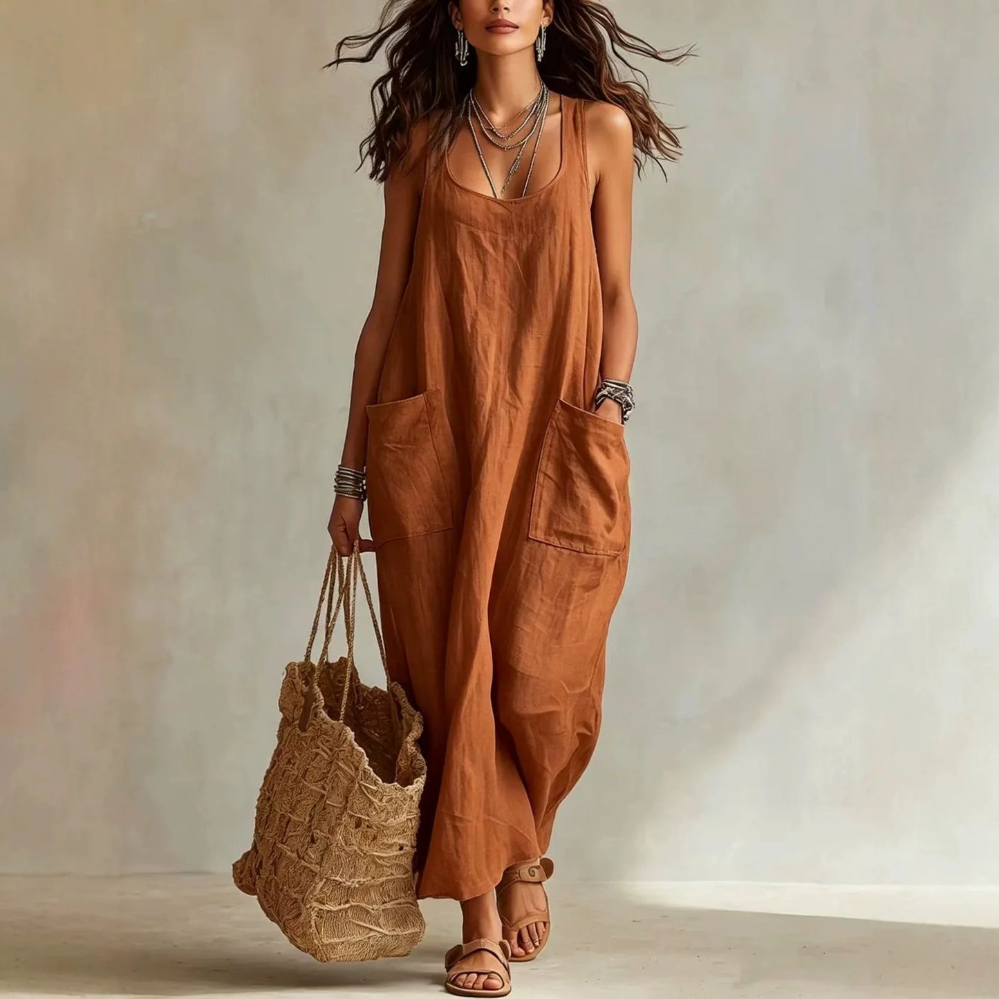 Women's Cotton Linen Square Neck Maxi Dress with Pockets Spaghetti Strap Sleeveless Loose Vacation Beach Long Sundress S-2XL