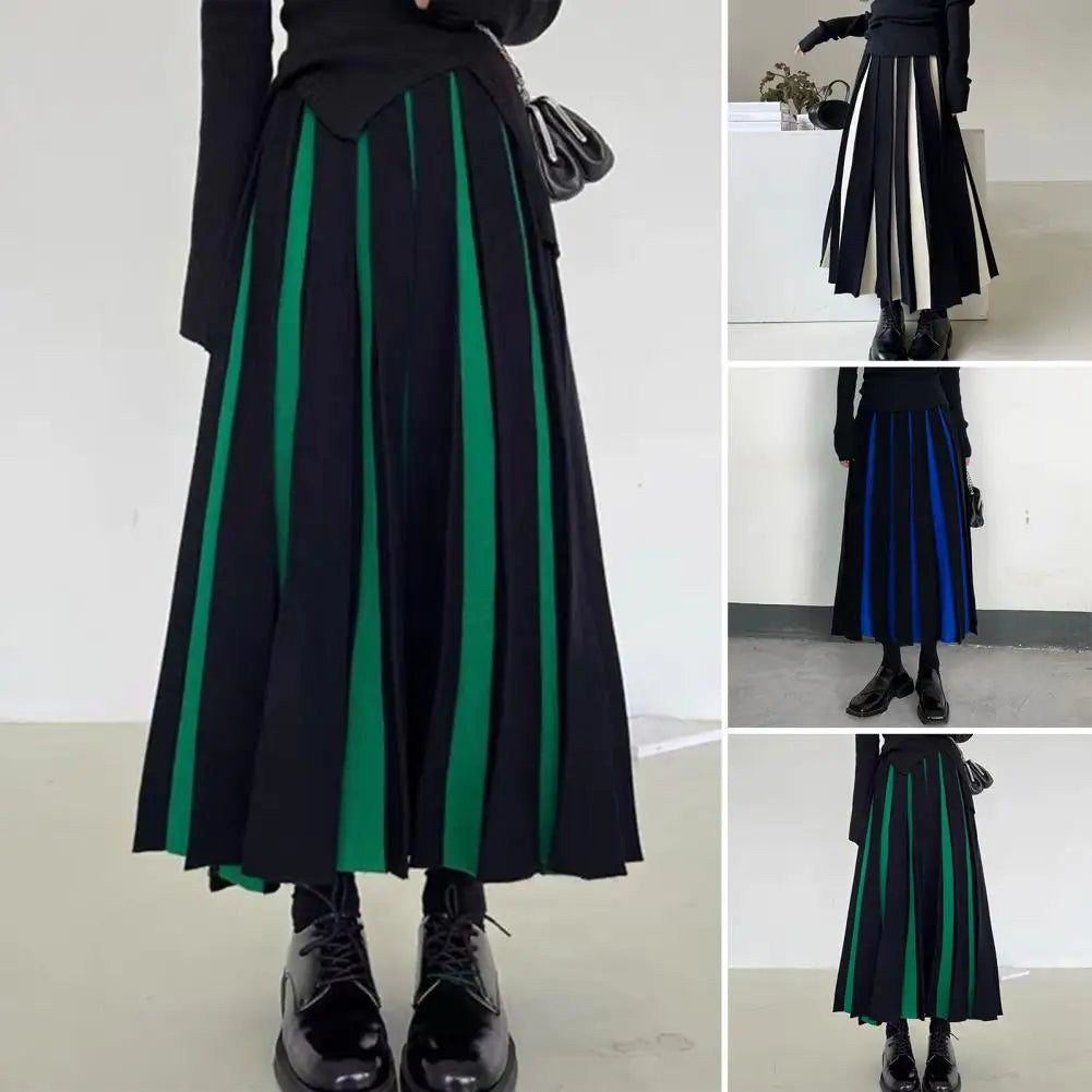 Women Midi Skirt High Waist Patchwork Color Pleated Skirt Ladies Autumn Knitting Skirt Women Versatile Comfortable Daily Wear