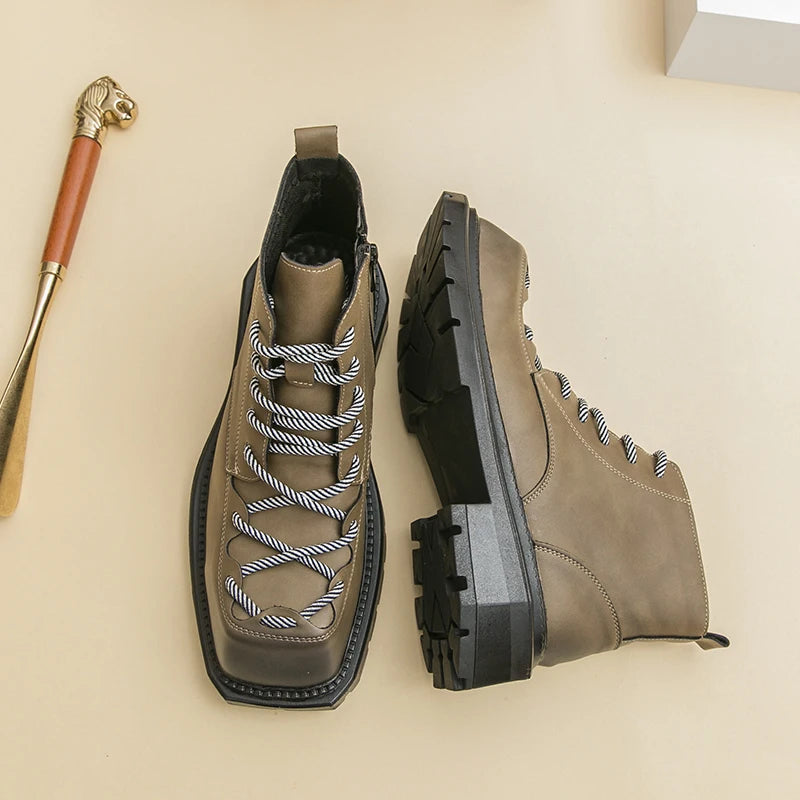 Autumn New Men Comfortable Lace Up Side Zipper High Top Leather Shoes Fashion Brand Round Toe Thick Soled Non Slip Outdoor Boots