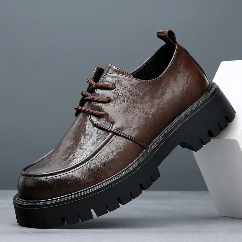 Men's Fashion Genuine Leather British Style Thick Bottom Work Shoes Classic Lace Up Comfortable Anti Slip Big Head Leather Shoes