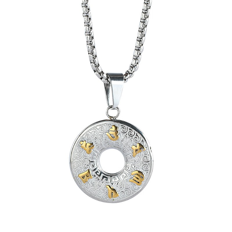 Buddhism Sanskrit Oṃ Six Syllable Mantra Lotus Flower Titanium Steel Pendant Necklace Mascot Amulet Charms Dangle Choker Jewelry