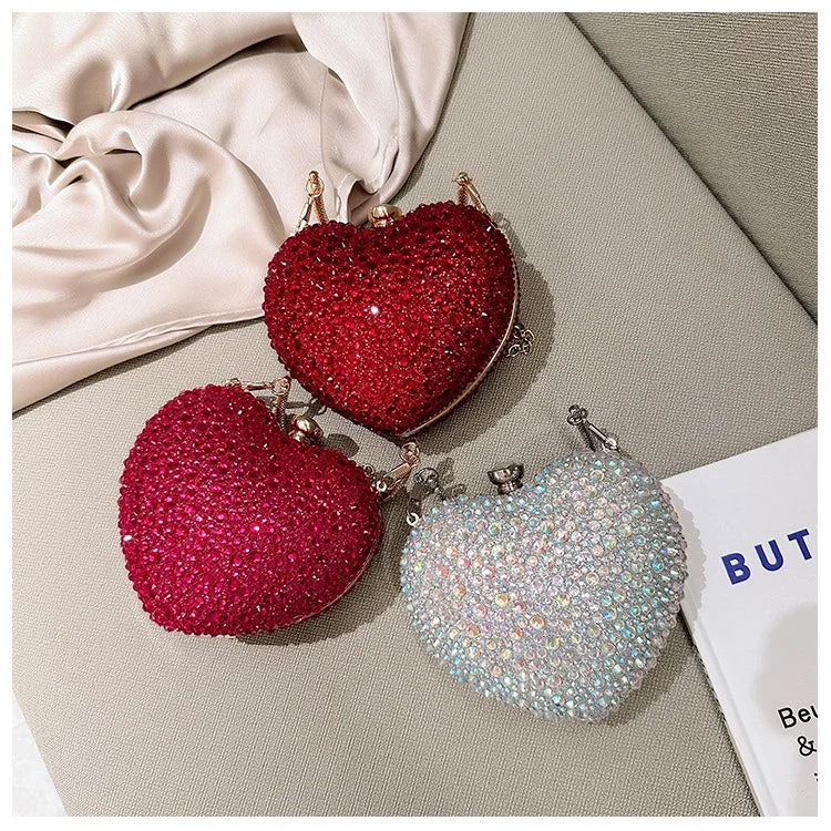 Luxury Diamond Inlay Heart Shape Crystal Clutch Purse Stones Evening Wedding Party Shoulder Bags Handle Rhinestone Mini Handbags