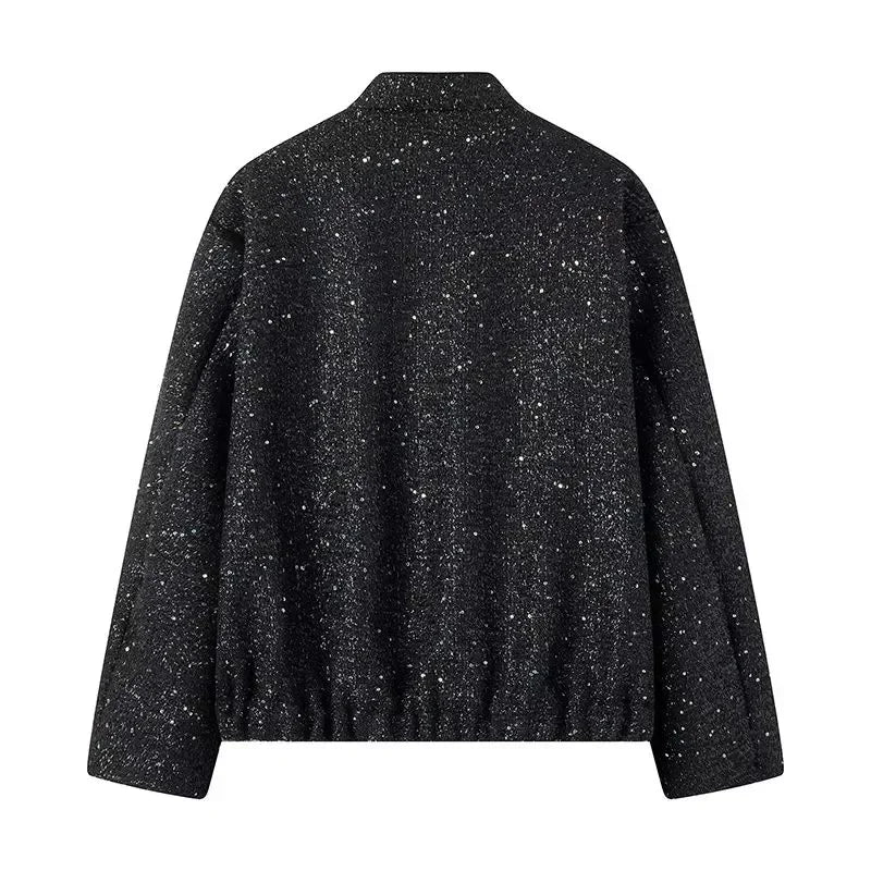 Women's Sequined Bomber Jacket Fall New Round Neck Long Sleeve Pocket Stretch Hem Sequins Jacket Coat Female Chic Outerwear