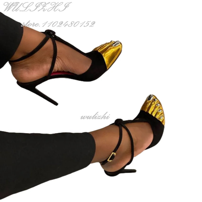 Black Strappy Gold Round Toe Five-Finger Sandals Girl Stiletto Ankle Straps Summer Suede Hollow Heels Catwalk Street Style Shoes