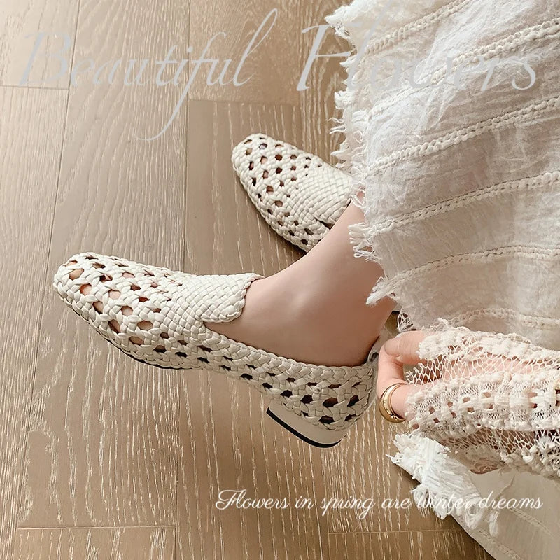 Hot Sale Genuine Leather Braided Sandals Women Low Heel Breathable Summer Loafers Sandals Female Leisure Sandals