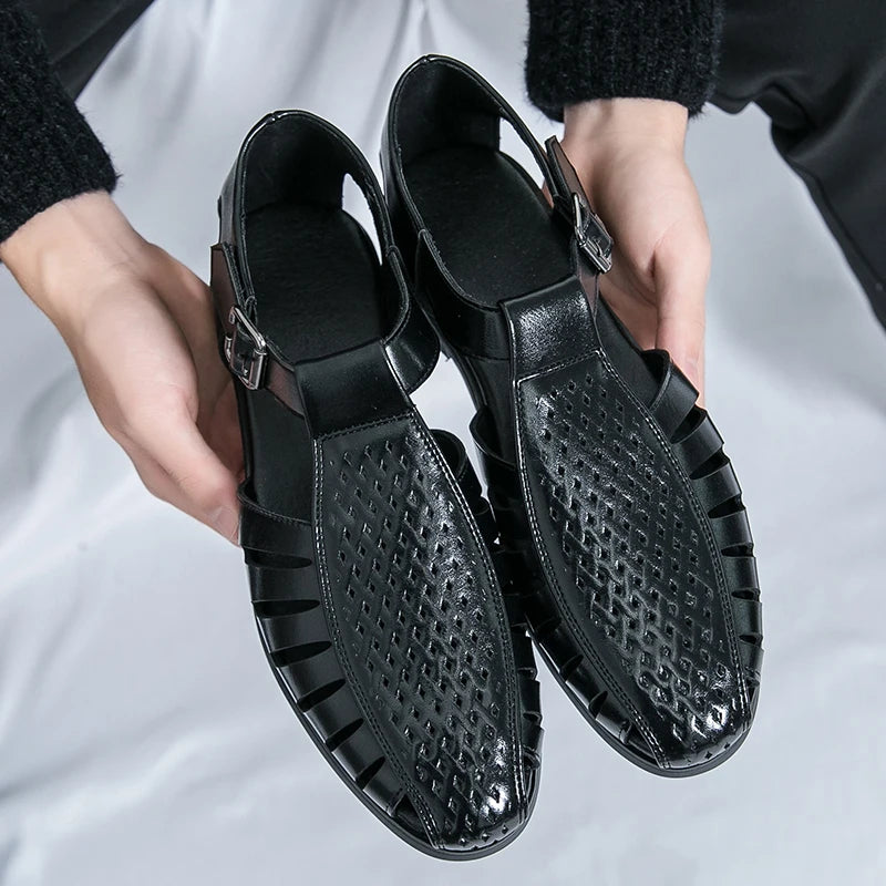 Brand's New Men's Summer Oversized Breathable Sandals Retro Pointed Men's Fashion Trend Hollowed Out Comfortable Leather Shoes