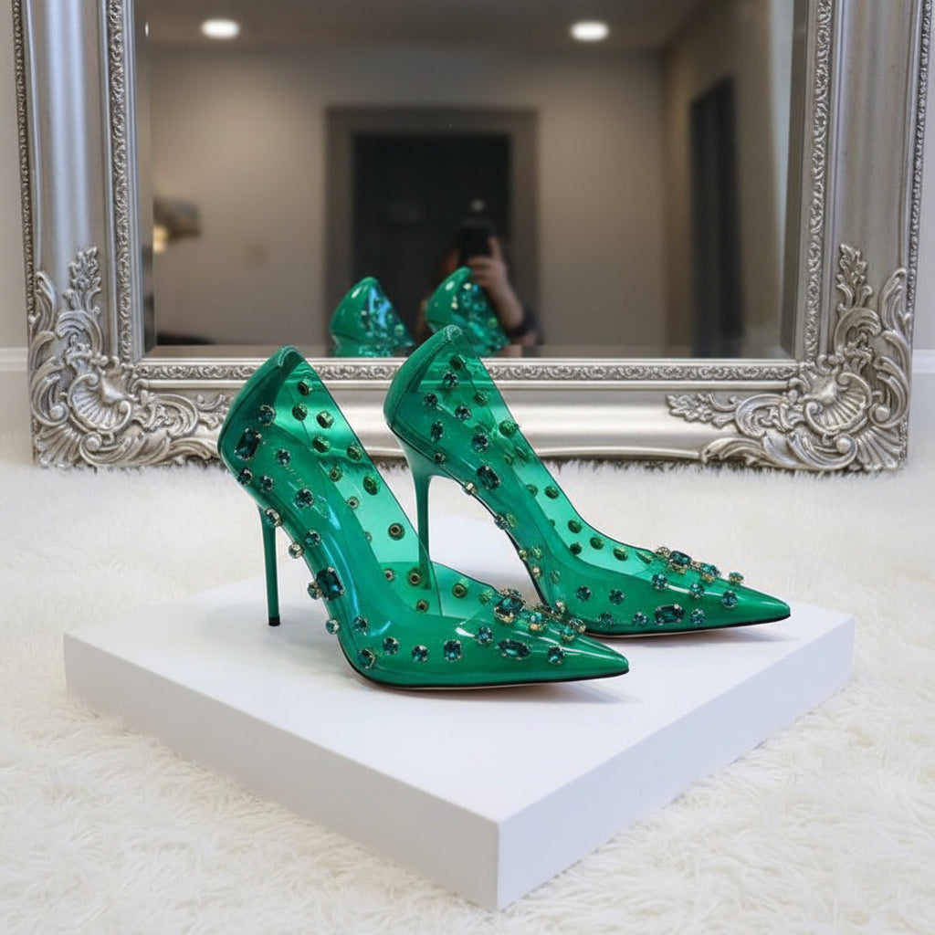 Sparkling Green PVC Crystal Decor Luxury Pumps Thin High Heel Women Shoes Slip On Pointed Toe 2024 Fashion Zapatos Para Mujere