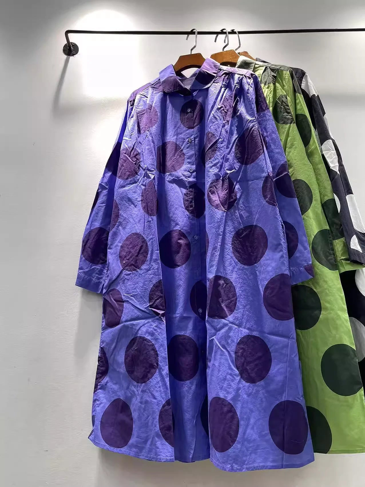 Bust 118cm Middle Aged Women Fall Clothes Japan Style Green Polka Dot Print Pure Cotton Shirt Dress for Women Autumn Loose Dress