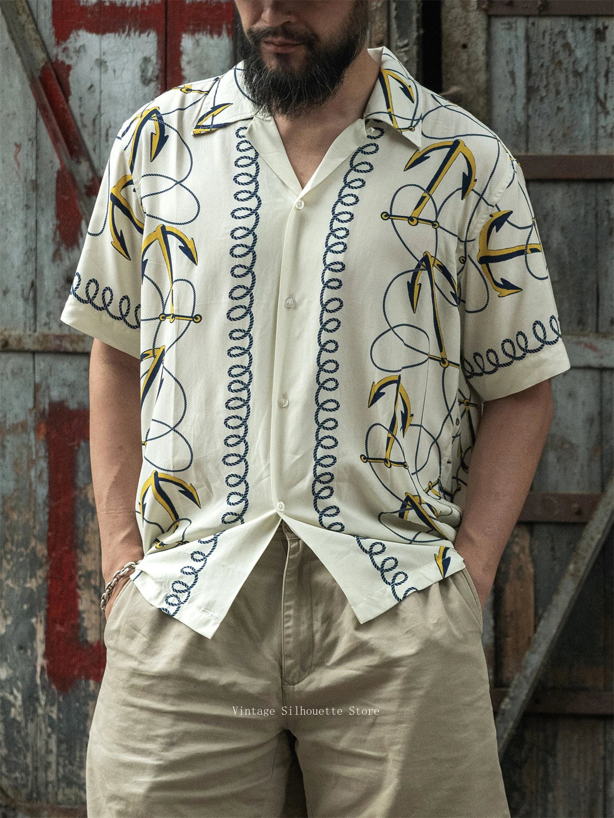 Rugged Bronson Anchor Border Rayon Camp Shirt Old-Fashion Men's Hawaiian Shirt For Beach Vacation