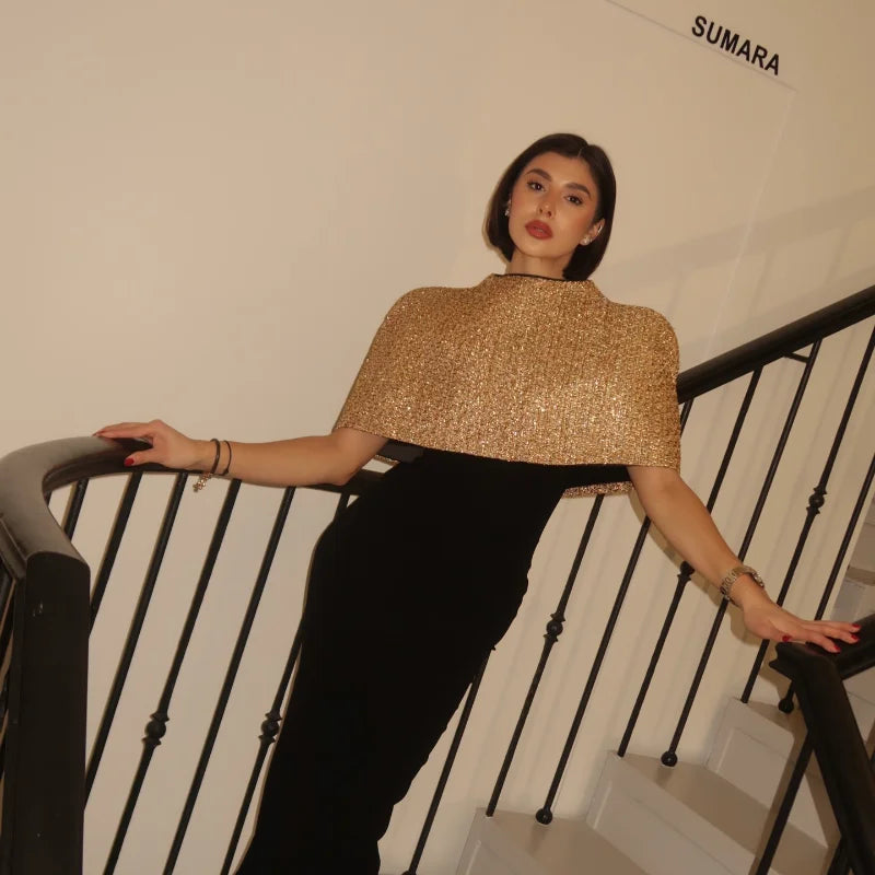 Elegant Chic Gold Sparkle Capelet Top Shiny Tweed Shoulder Wrap Turtleneck Short Cloak New Lady Evening Club Party Tops 2026