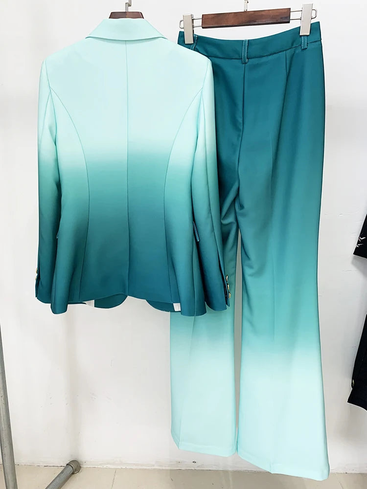HIGH STREET Newest Fashion 2026 Designer Suit Set Women's Gradient Color Printed Single Button Blazer Flare Pants Suit 2pcs