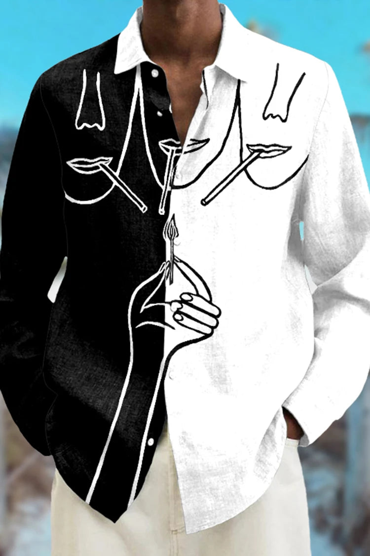 Fashion Abstract 3D Printed Long Sleeve Shirts Simple Black And White Color Scheme men's Tops Casual Lapel Button Up Shirt