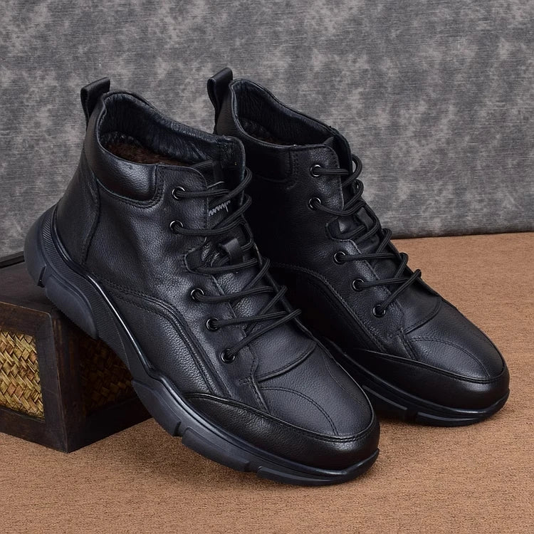 Men's Winter Warm High Top Leather Shoes Black Leather Casual Business Plus Plush Thick Soled Men's Cotton Shoes Males Shoes