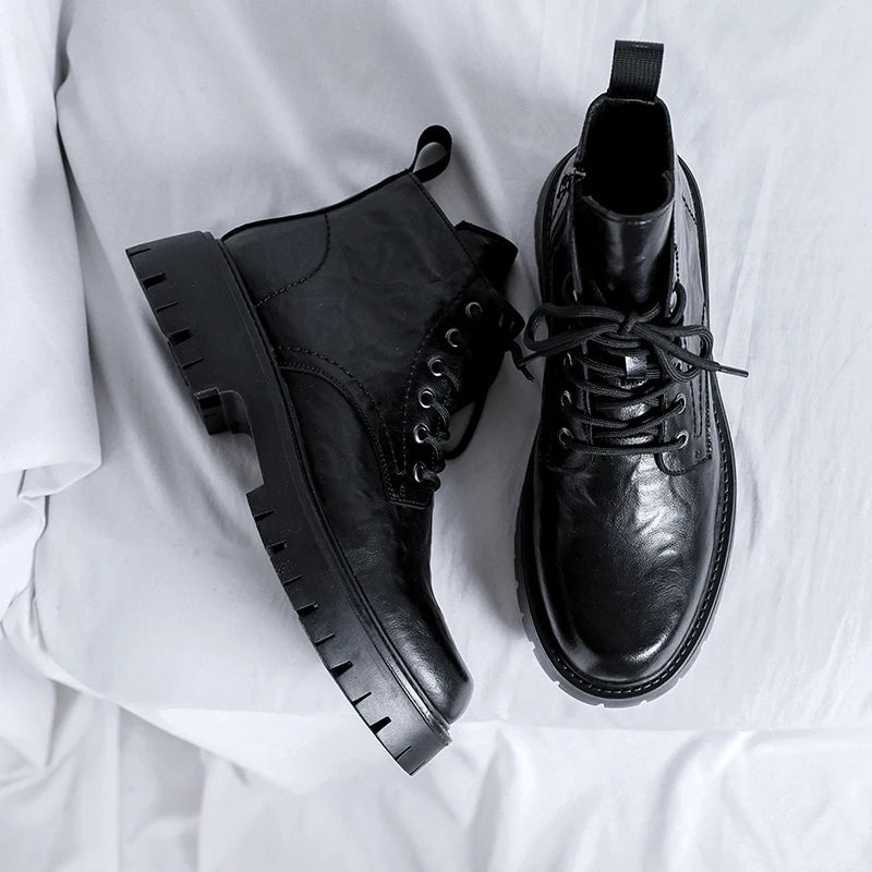 New Fashion Lace Up Casual Mens Boots Mens Thick Sole Ankle Boots Trendy Comfortable Mens Classic Black/Brown Motorcycle Boots