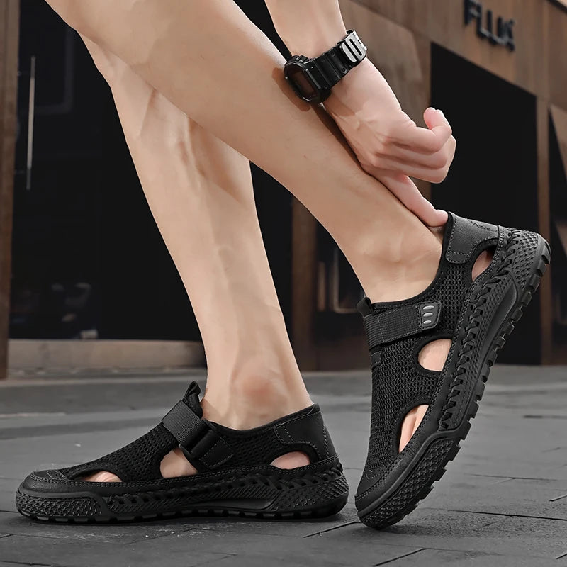 Brand Mesh Leather Men Summer Loafers Breathable Driving Shoes Moccasins Hollow Out Male Cool Lazy Shoe Leisure Walk Men Sandals