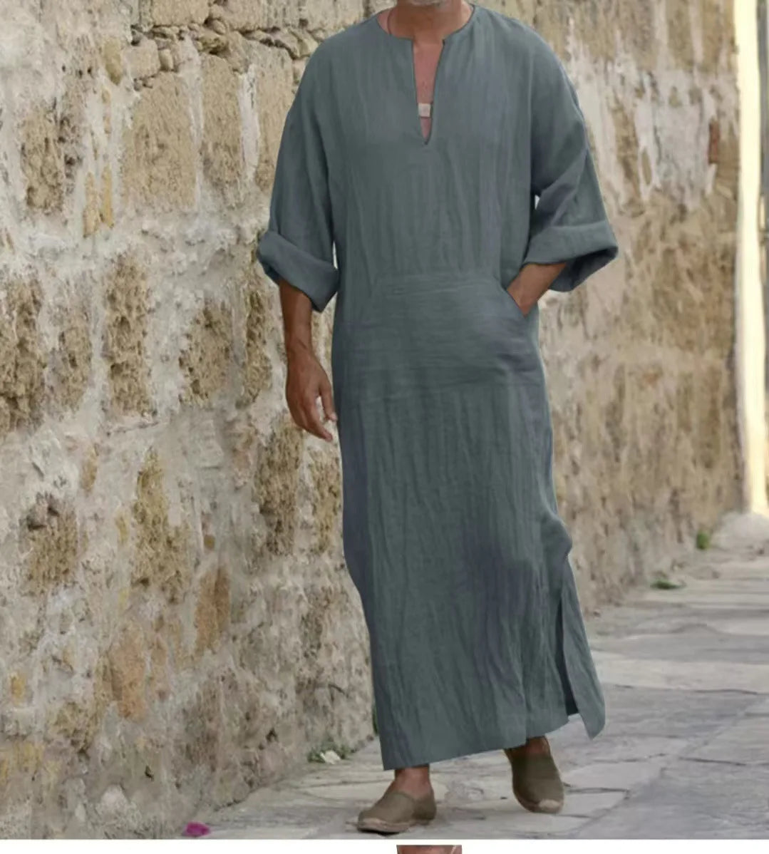 New 2026 Men Cotton Linen Long T-shirts Muslim Solid Casual Abayas Men Jubba Thobe Kaftan Arab Islamic V-neck Long Sleeve Robes