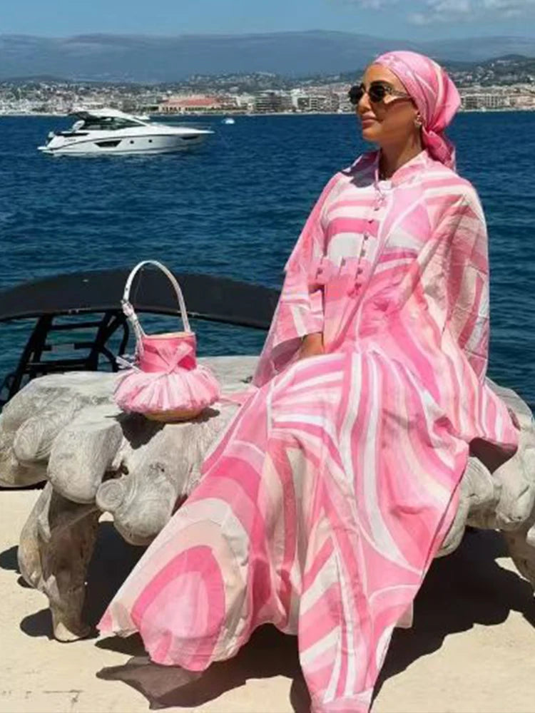 2026 Summer Women's Clothing Shirt Dress Retro Geometric Print Pullover Dress Fashion Loose Tutu Skirt + Headband