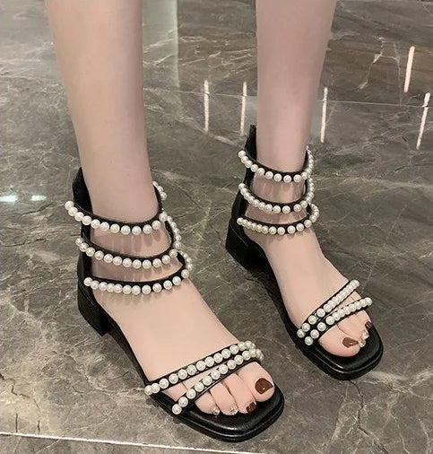 Pearl with Medium Heels Summer 2025 Women's Shoes Sandals for Woman Square Footwear Black Comfort Anti Slip Hot Vip The Best H F