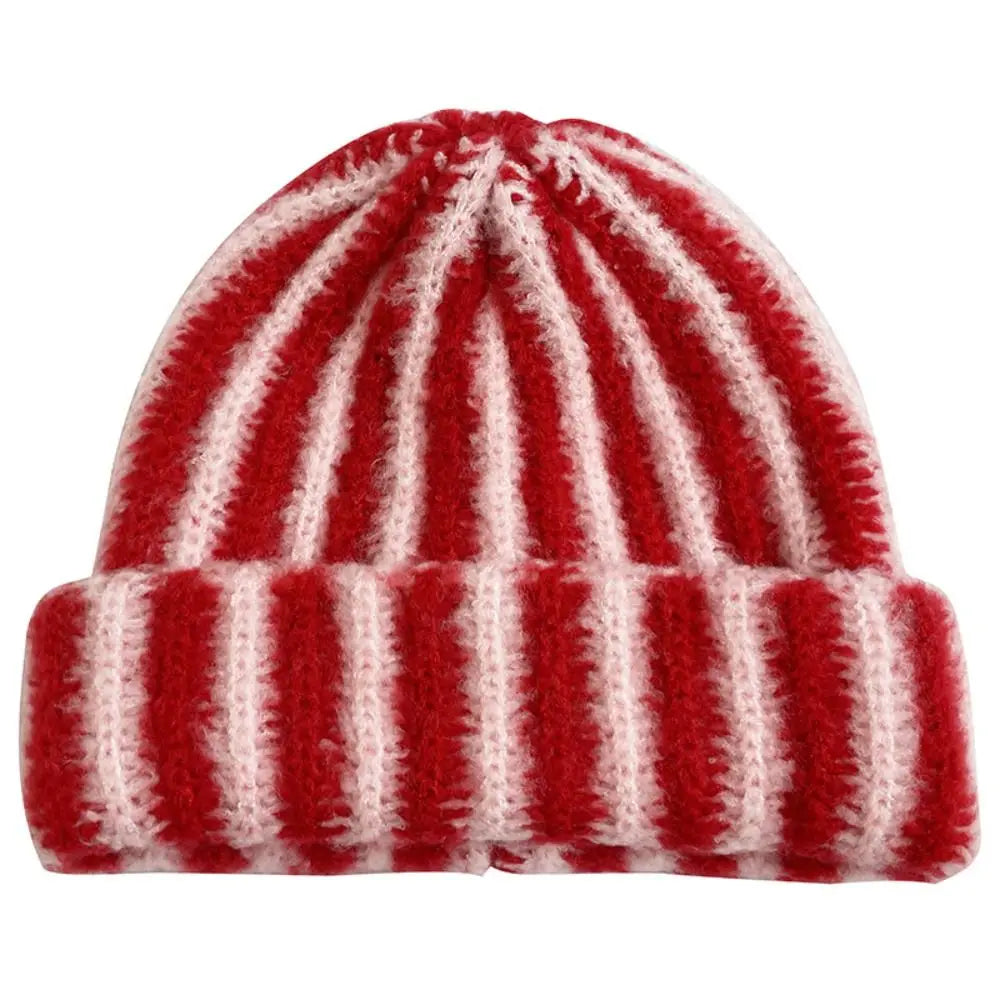 New Striped Knitted Beanie Cap Windproof Flanged Design Knitted Hat Pullover Outdoor Cycling Cold Proof Warm Hat Autumn Winter