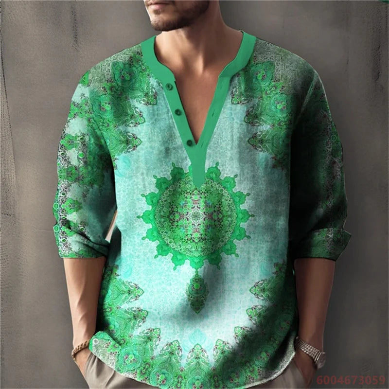 Men's Long-Sleeved Shirt with Retro Print, Stylish Design, Outdoor Casual Henley Collar, Loose Fit, Men's Vacation Top, XS-6XL.