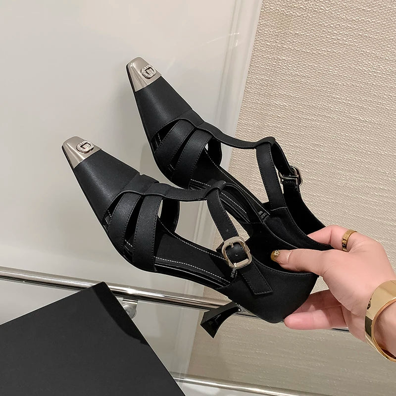 Elegant Genuine Leather Sandals Women T-Strap Metal Covered Toe Office Ladies Sandals Female Covered Back Sandals