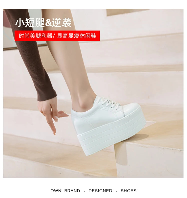 12cm Genuine Leather Platform Wedge Chunky Sneaker Hidden Heels Casual Breathable New Spring Autumn High Brand Vulcanize Shoes