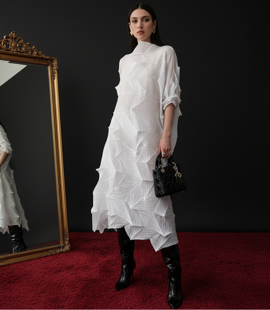 LANMREM Pleated Long Dress For Women Elastic Loose Irregular Pleated Stand Collar Pullover Female Clothing Half Sleeve 2DB4256
