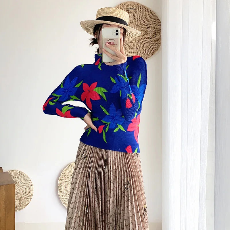Miyake Pleated Contrasting Colors T-shirt Women Half Turtleneck Skinny Pullover 2025 Summer Fashion Female Clothing