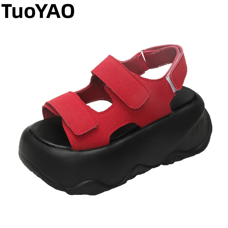 7CM High Platform Leather Sandals Women New Summer Breathable High Heels Ladies Beach Sneakers Wedges Chunky Slippers Sandalias