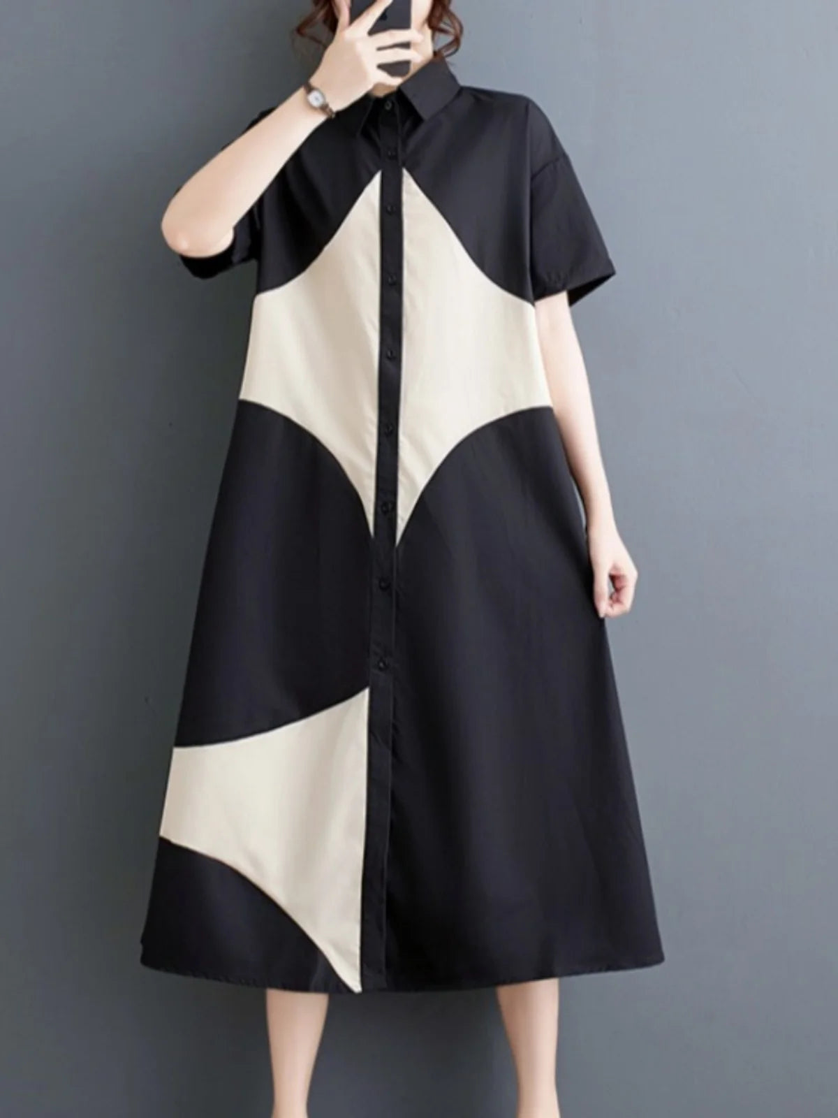 plus Size Summer Print Splice Casual Sweet ort Sve Dr Women's Loose Fit A-Line Gown f High Collar oulder Button