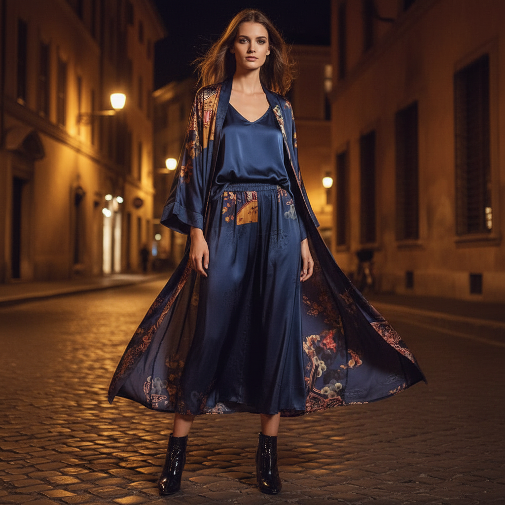 Retro positioning printed long cardigan+vest three piece set 2026 spring women's clothing+loose pants skirt fashion set