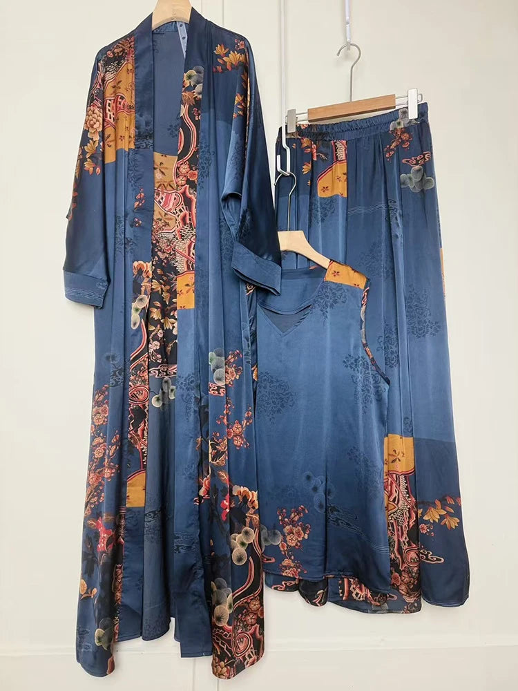 Retro positioning printed long cardigan+vest three piece set 2026 spring women's clothing+loose pants skirt fashion set