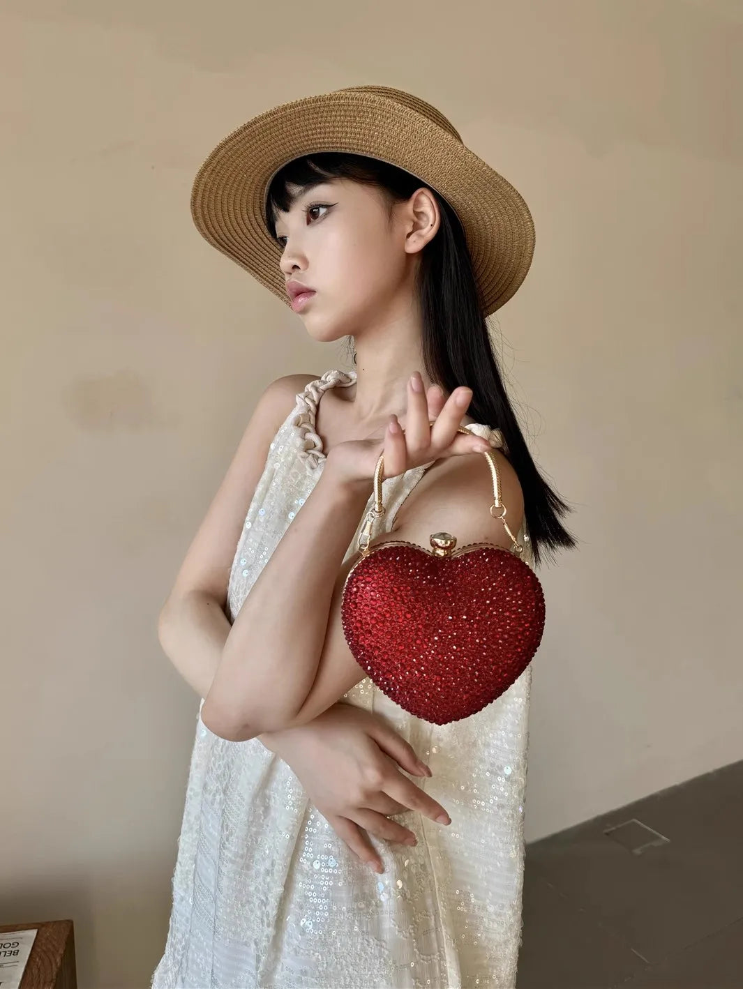 Luxury Diamond Inlay Heart Shape Crystal Clutch Purse Stones Evening Wedding Party Shoulder Bags Handle Rhinestone Mini Handbags