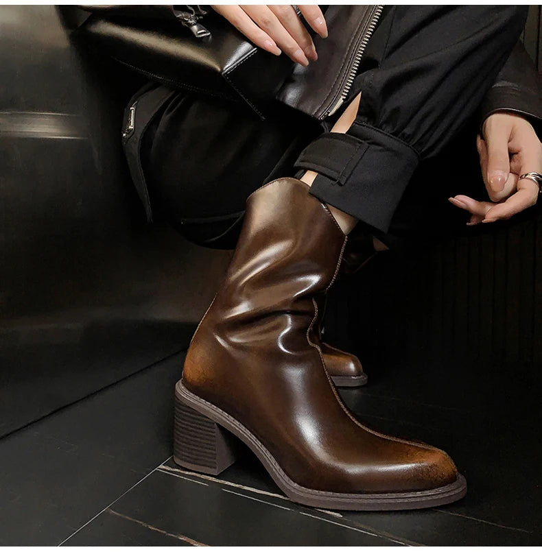 Ods New Women Genuine Leather Pointed Toe Knee High Boots Black White Brown Side Zipper Female Shoes Thick Heel Plus Size 42