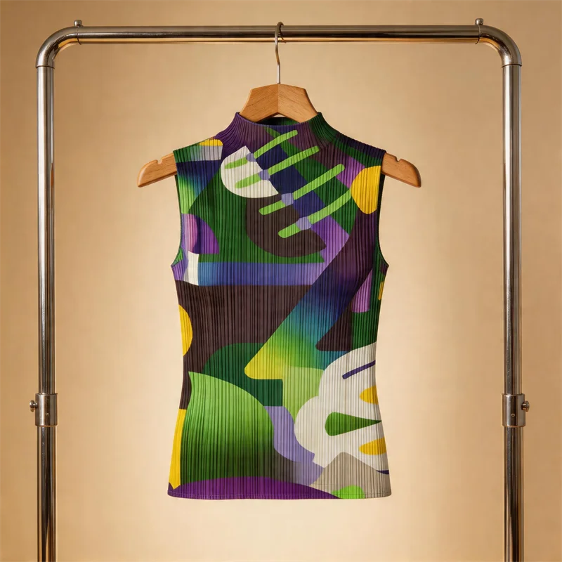 Miyake Pleated Geometric Playground Printed High-neck Sleeveless Top