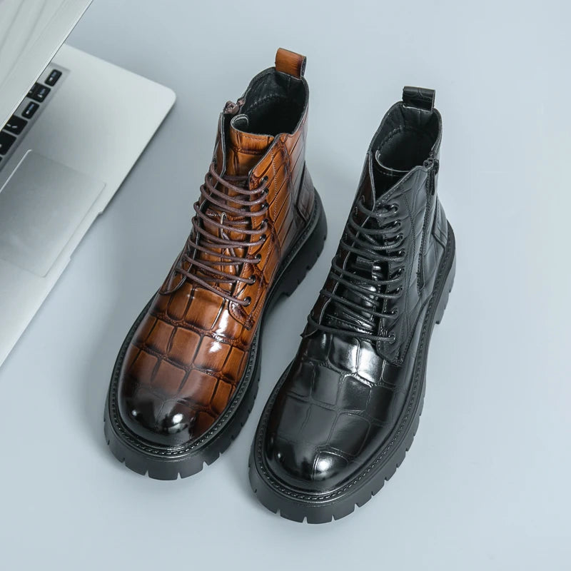 Luxury Brand Men's Autumn and Winter Crocodile Leather Side Zipper High Top Boots Fashionable New Men's Comfortable Short Boots