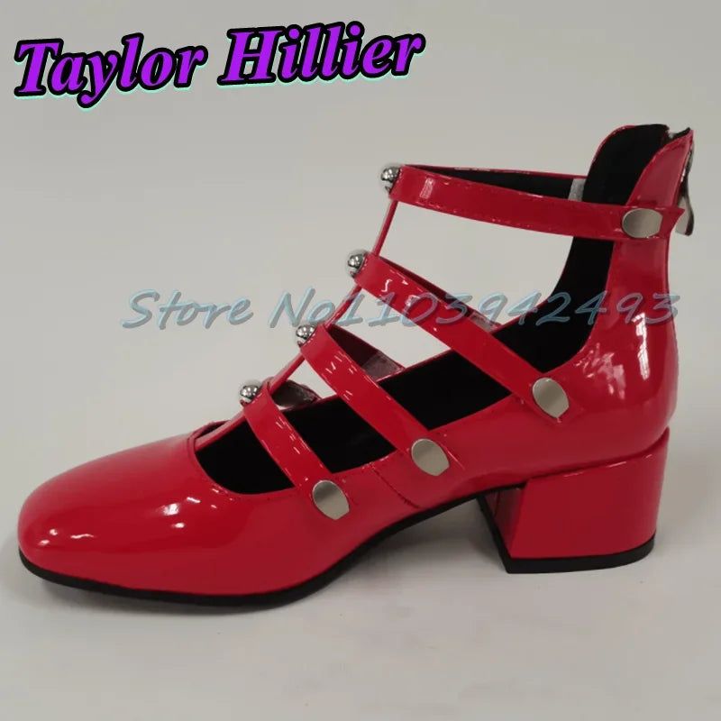 Gladiator Green Heeled Sandals Rivets Women Designer Luxury Shoes Patent Leather Solid Sandalias De Mujer Roman Strappy Palace