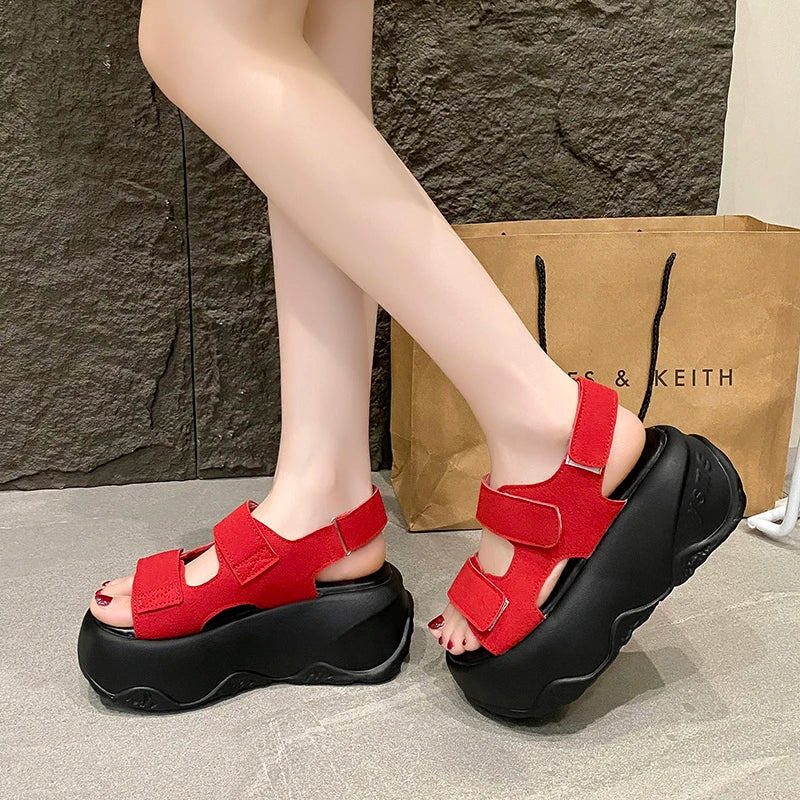 7CM High Platform Leather Sandals Women New Summer Breathable High Heels Ladies Beach Sneakers Wedges Chunky Slippers Sandalias