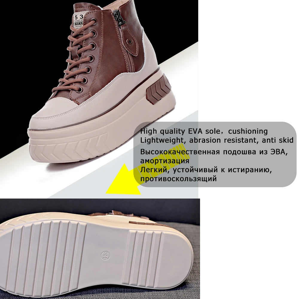 High Top Women Shoes Genuine Leather 8cm Platform Boots Ankle Wedge Hidden Heel Zip Autumn Warm Fur Winter Shoes Sneakers