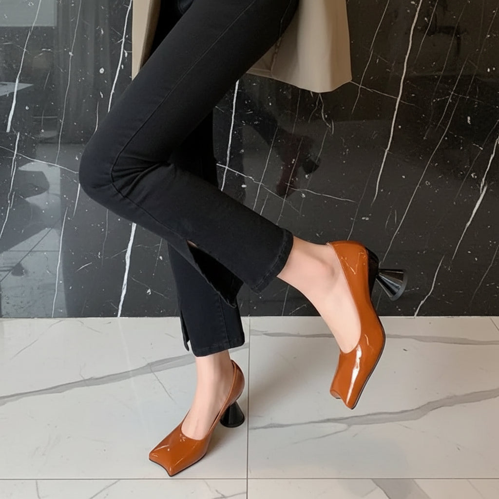 Stylish Patent Sheepskin Leather Pumps Women Shallow Med Strange Heels Party Dating Shoes Female Dress Pumps