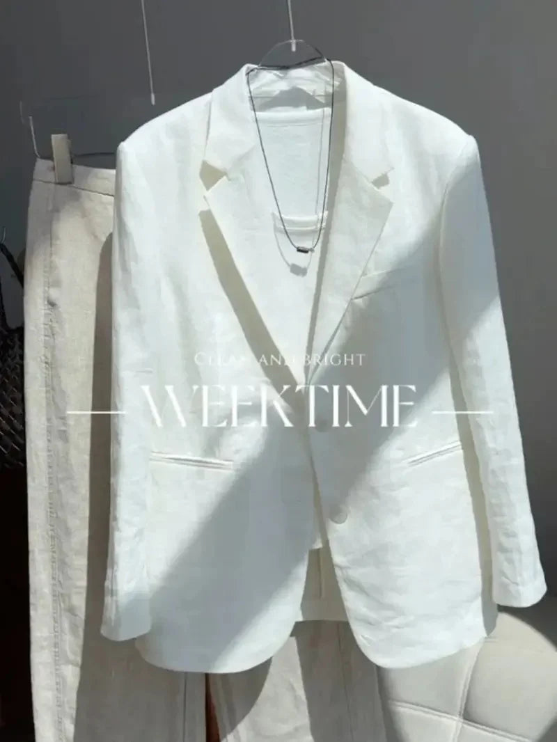 Limiguyue White Linen Suit Coats Women Spring Autumn Lapel Collar Long Sleeve Jackets Elegant Thin Cotton Linen Outwear 114B
