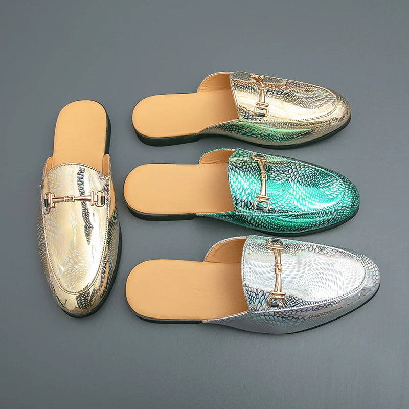 Fashion Brand Men's Cool Snake Skin Pattern Comfortable Half Back Leather Shoe Summer Men Breathable Bottom Casual Leather Shoes