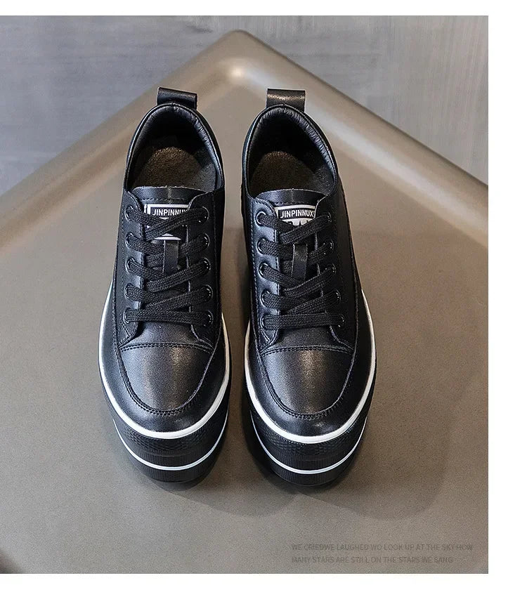 Fashion 10.5cm High Thick Heel Platform Flats Women Casual Shoes Genuine Leather Soft Quality Casual Shoe Sneakers White Black