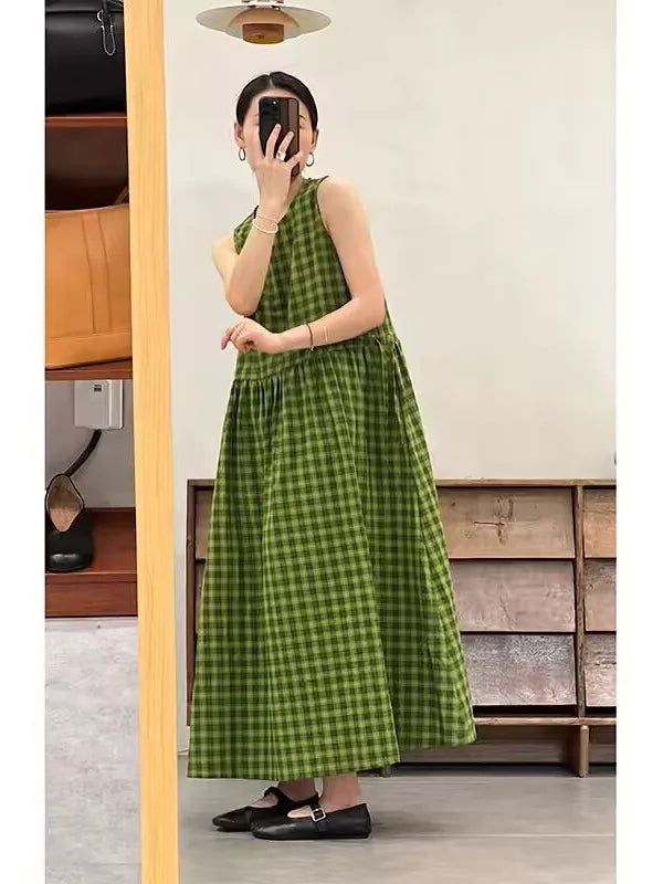 Slimming Plaid Cotton Lin Svel Long Dr Women's plus Size Dstring Waist round Ne Vest Skirt Commute Sle Summer...