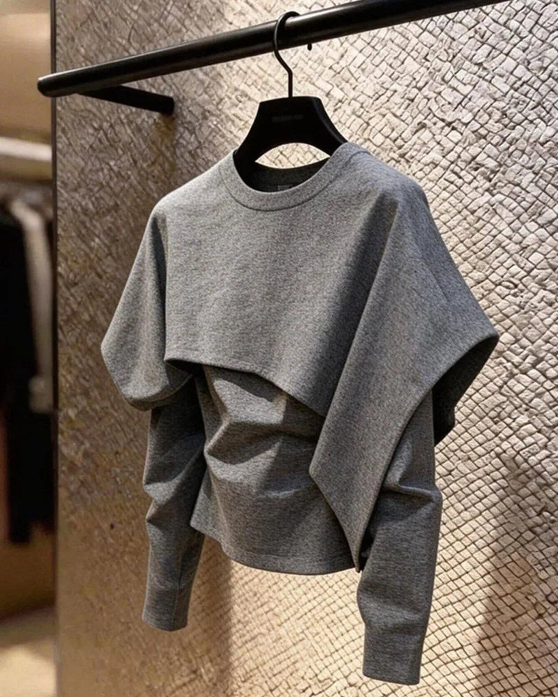 Limiguyue Spring Autumn Gray Pullover Shirts Women Daily Trendy Splice Long Sleeve Tops Loose Irregular Blouse Designer 180B