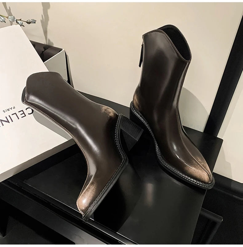 Ods New Women Genuine Leather Pointed Toe Knee High Boots Black White Brown Side Zipper Female Shoes Thick Heel Plus Size 42